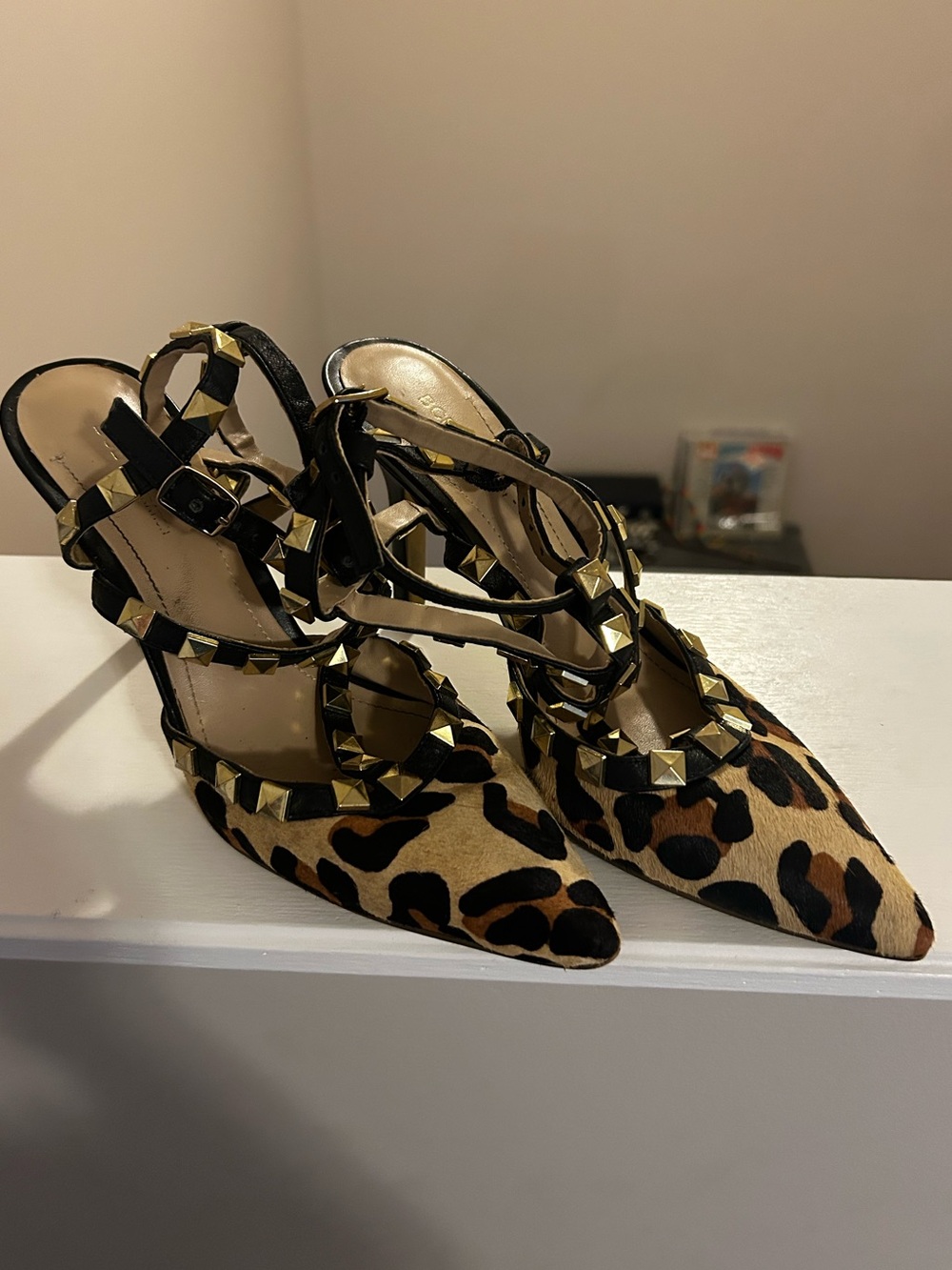 BCBGeneration Leopard Calf Hair Studded Pointed Toe Heels | Size 6